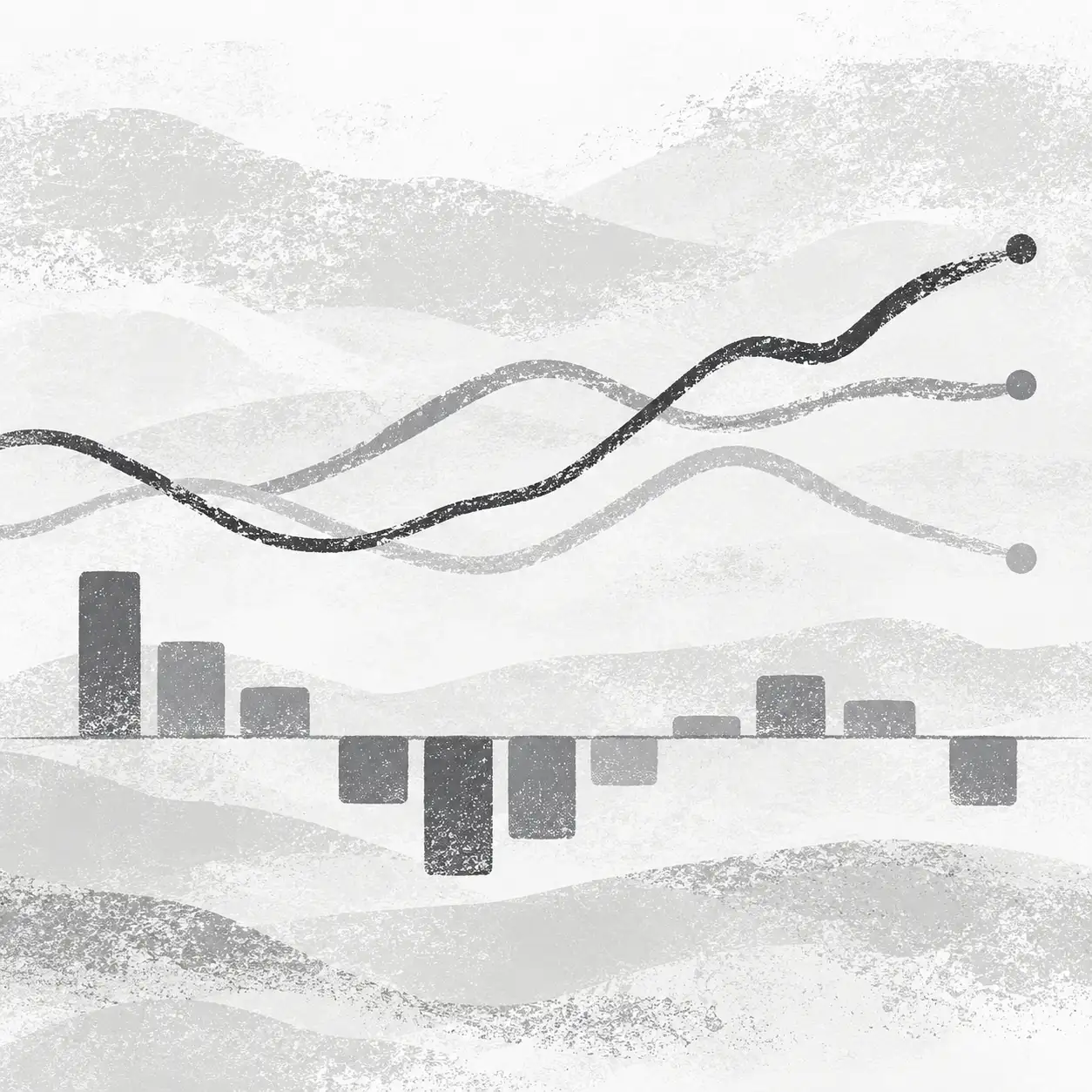 Line and column charts drawn over soft grey dunes.