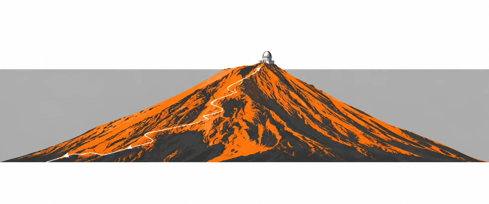 A mountain with a trail winding up to an observatory at the summit.