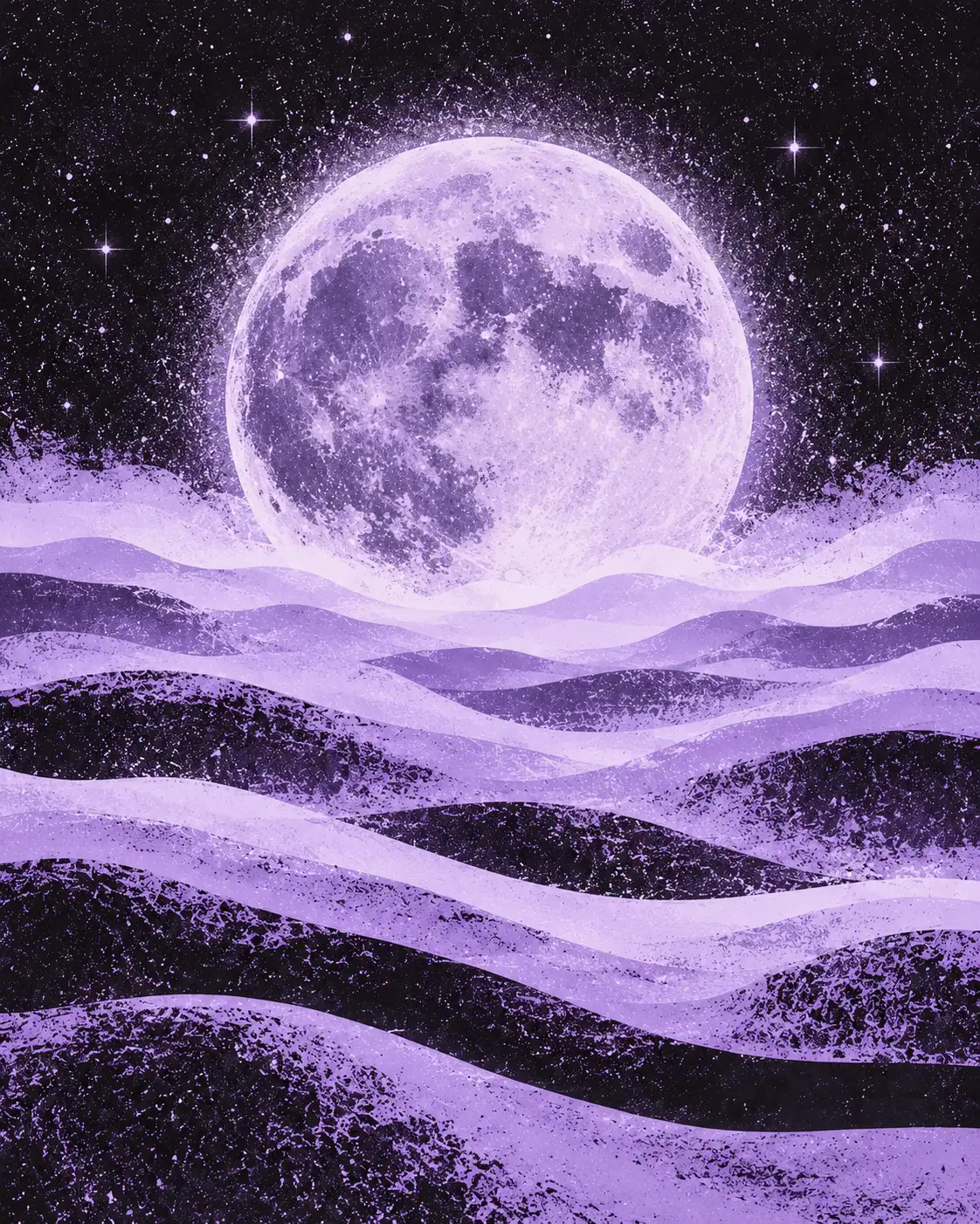 Abstract full moon over rolling violet dunes.