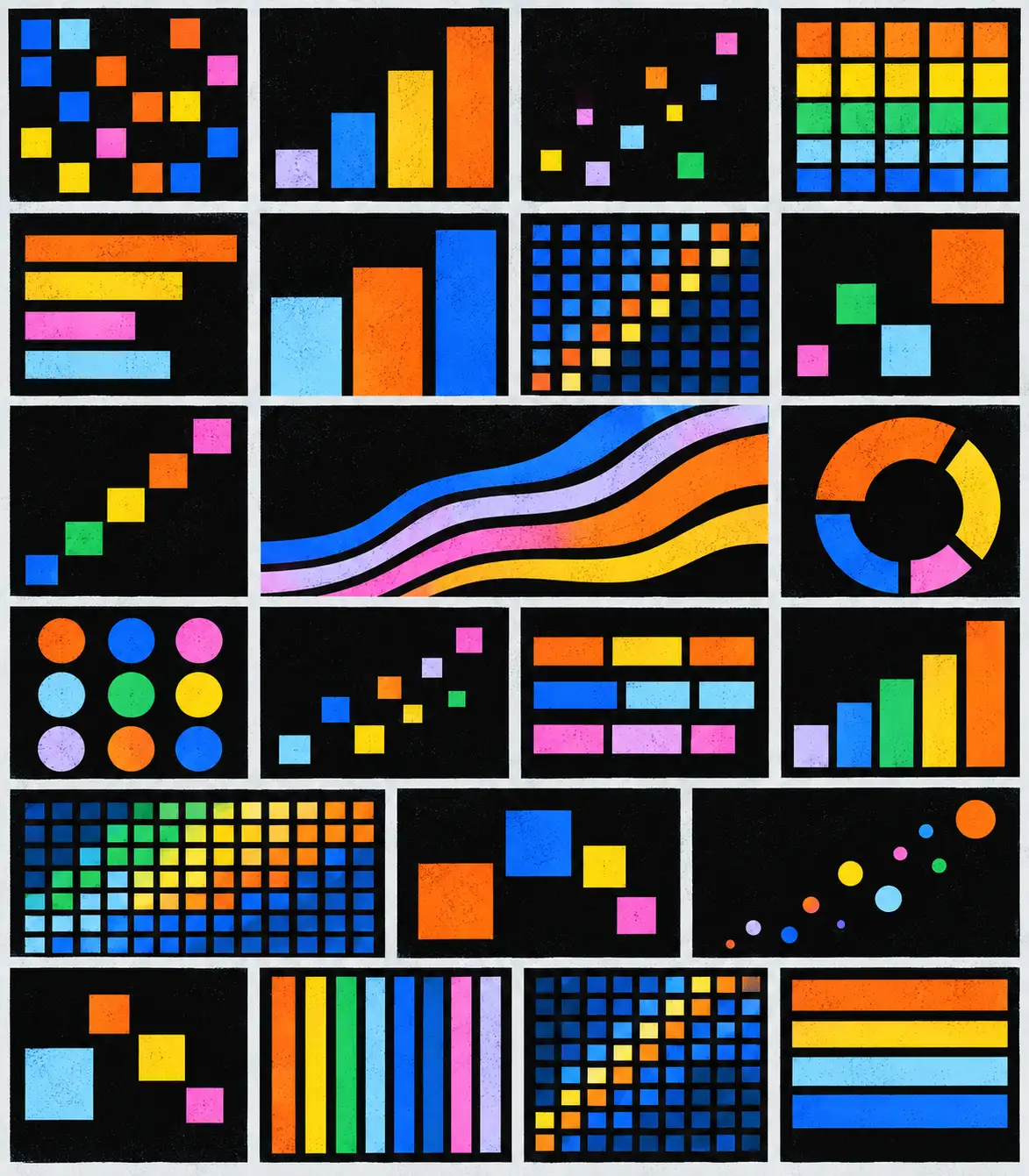 A grid of colourful charts: bars, donuts, heatmaps and flowing lines.