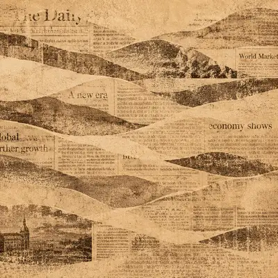 Brown-toned newspaper clippings layered with soft dunes.