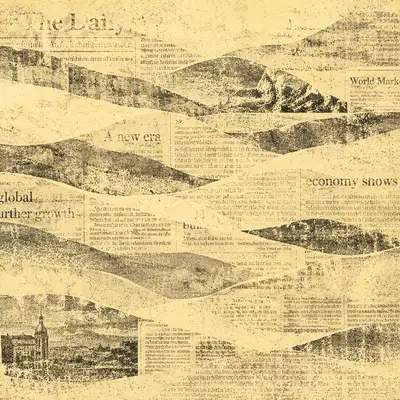 Yellow-toned newspaper clippings layered with soft dunes.