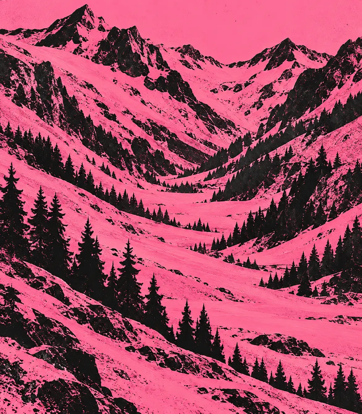 An alpine valley lined with pine trees beneath jagged peaks.