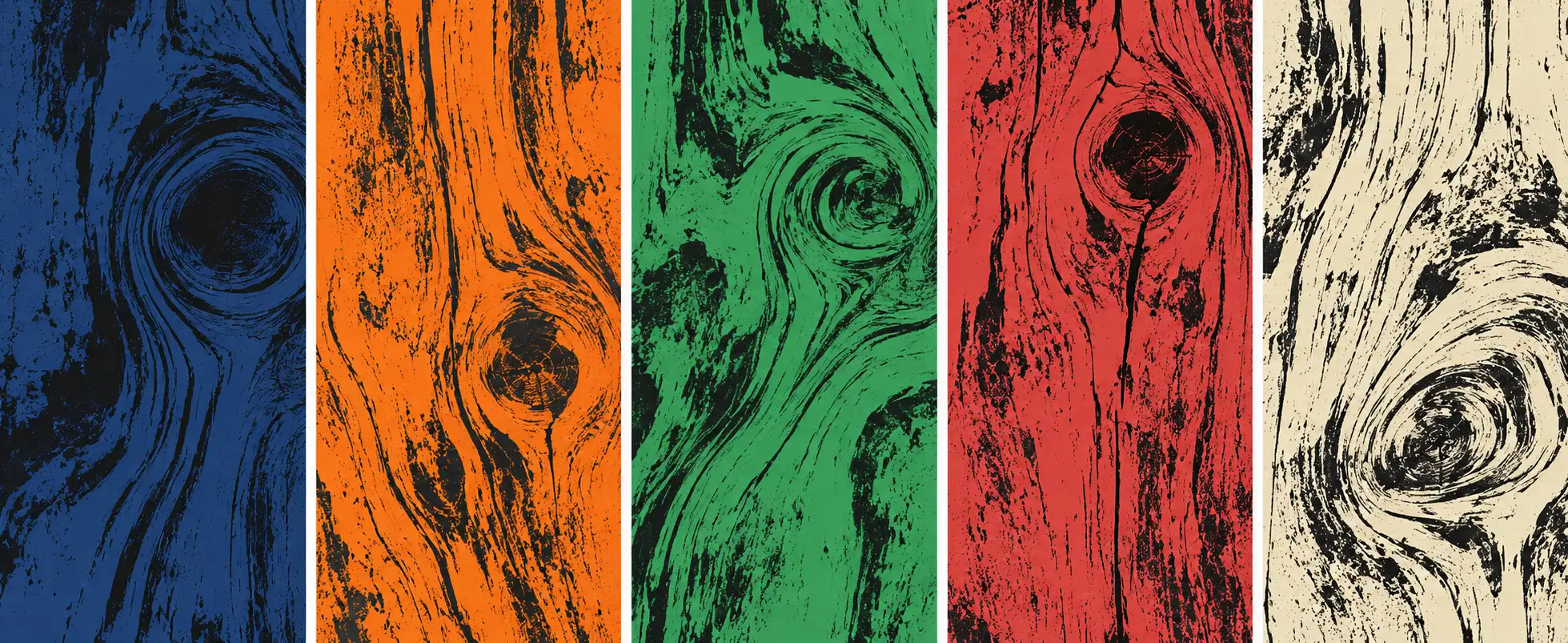 Five wood-grain planks in blue, orange, green, red and cream.