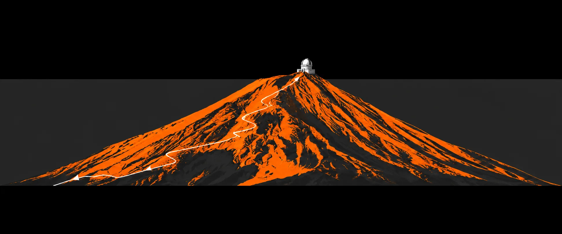 A mountain with a trail winding up to an observatory at the summit.